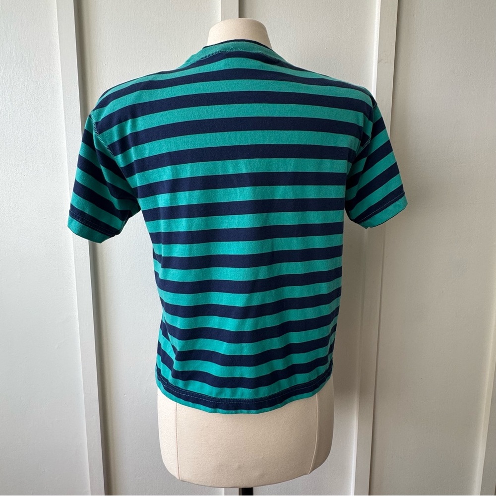 Vintage 80s DEB Striped Pocket Tee Green & Navy – Size L - Picture 4 of 9